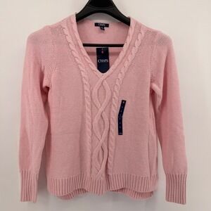 Chaps Sweater Womens L Pink Cable Knit V-Neck Metallic Shimmer Long Sleeve NEW